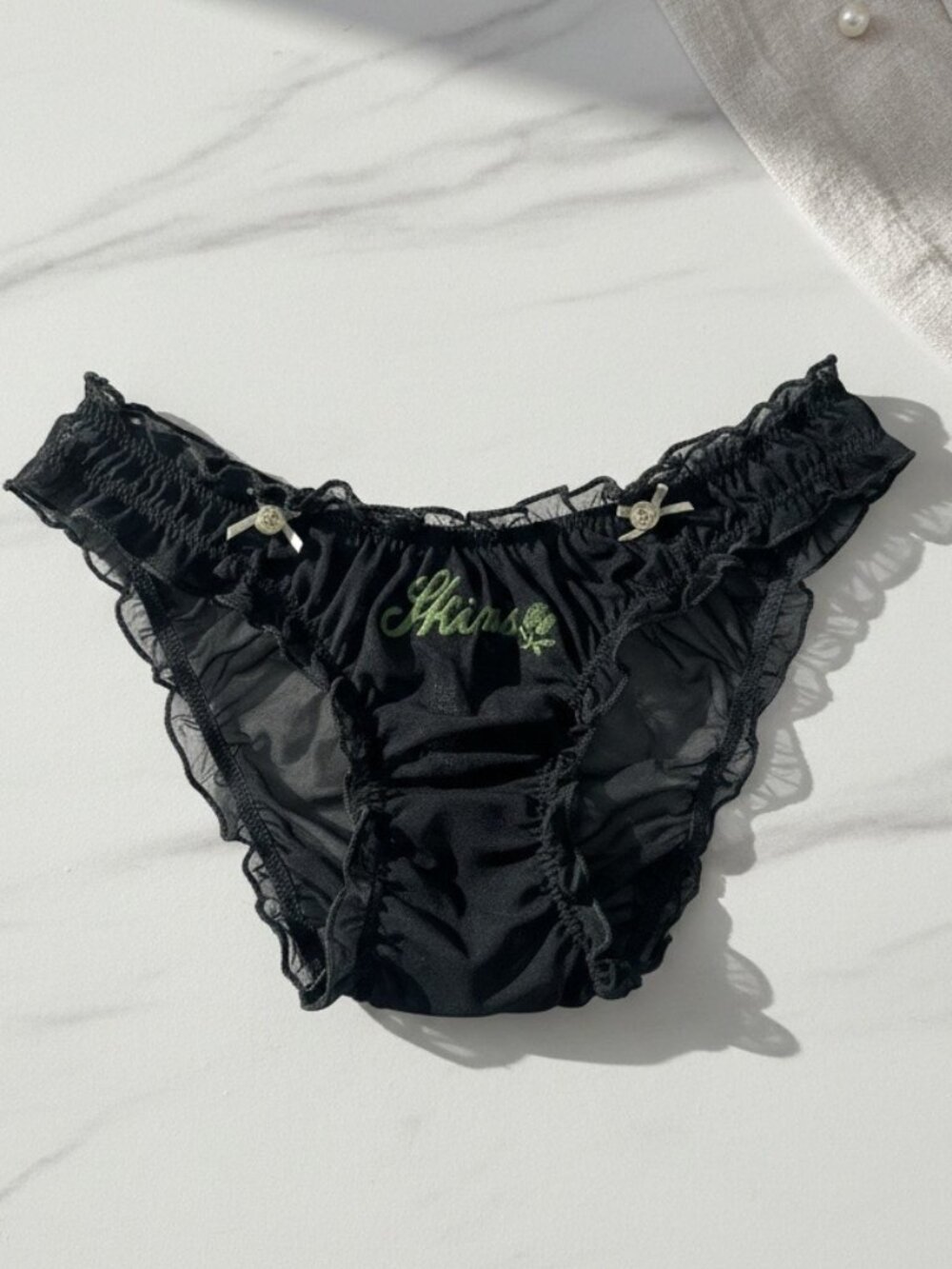 NEW SKIMS XXS Sheer Mesh Logo Ruffle Panties in Forrest Green NWOT